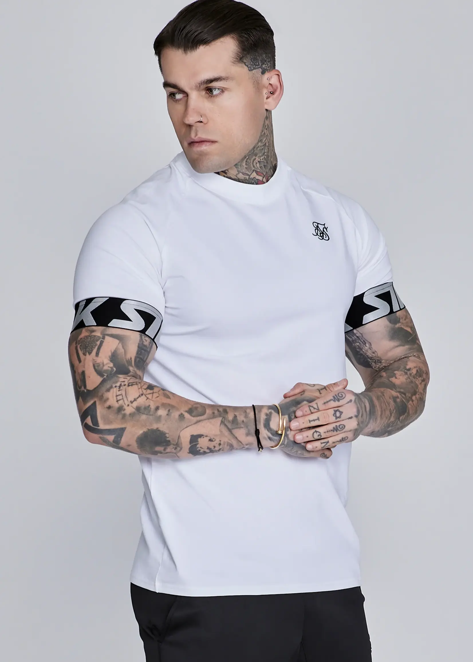 Siksilk t-shirt wit/zilver band