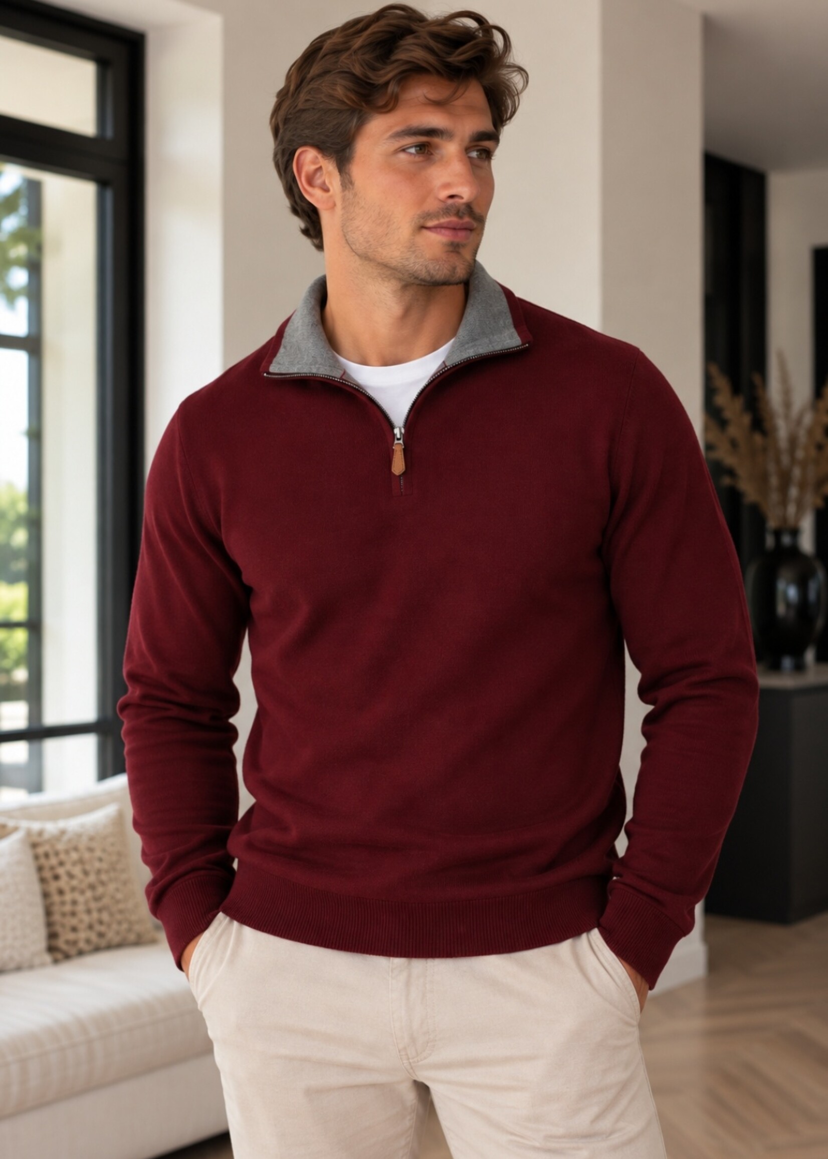 Zipped sweater - cashmere touch bordeaux rood