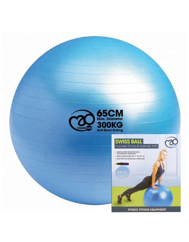 FITNESS MAD 300Kg anti-burst Swiss Gym Ball 65cm (1.35kg) with pump and DVD light blue