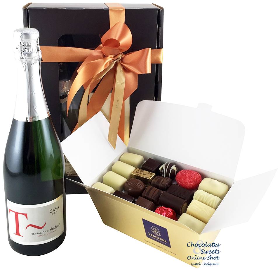 Coffrets cadeaux de chocolats Leonidas et bouteille de Cava