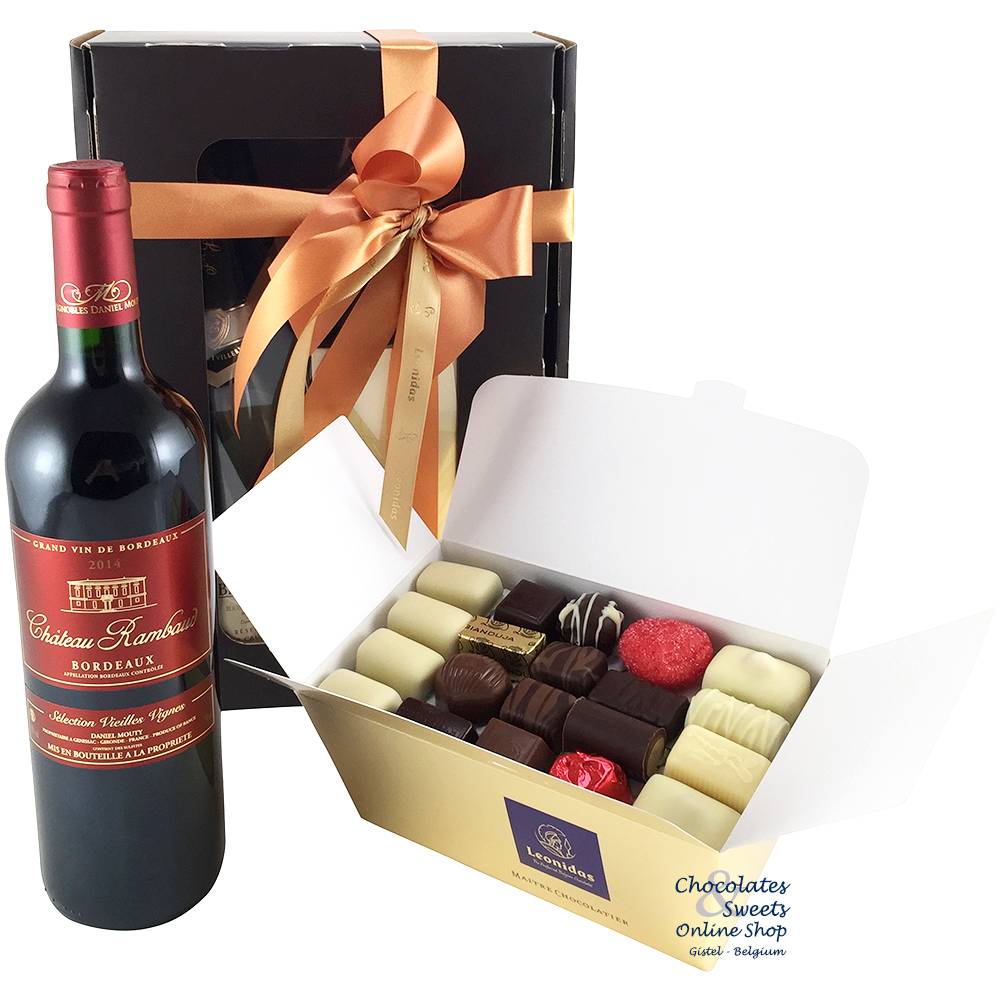 Coffrets cadeaux : Chocolats Leonidas et une bouteille de vin