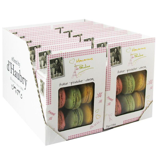 Macarons aardbei, pistache en citroen (12 doosjes van 6 stuks)
