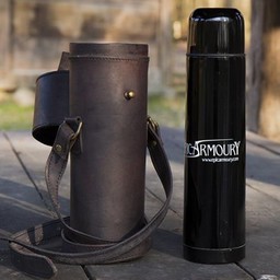 Thermos flask with leather holder and belt, black