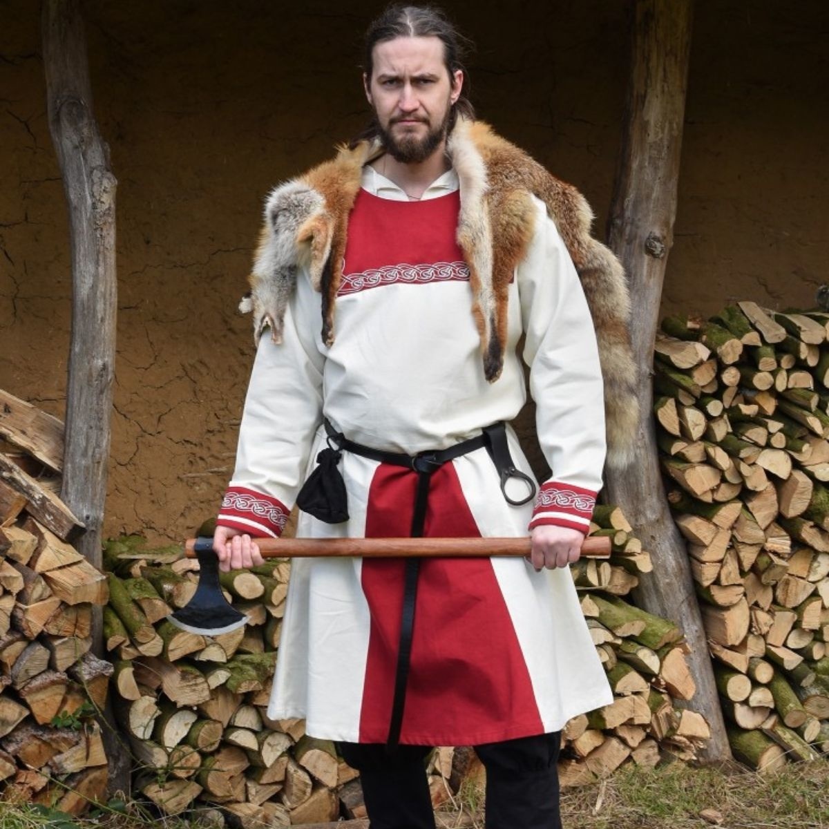 Viking tunic Viborg, natural-red - CelticWebMerchant.co.uk