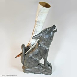 Wooden drinking horn stand wolf