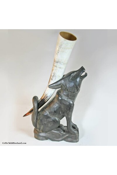 Wooden drinking horn stand wolf