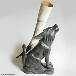 Wooden drinking horn stand wolf