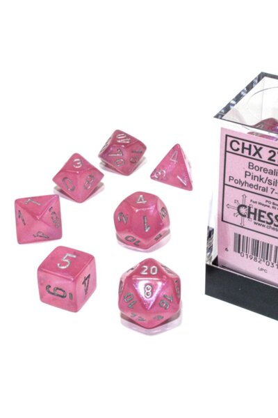 Polyhedral 7 dice set, Borealis, pink / silver, Luminary