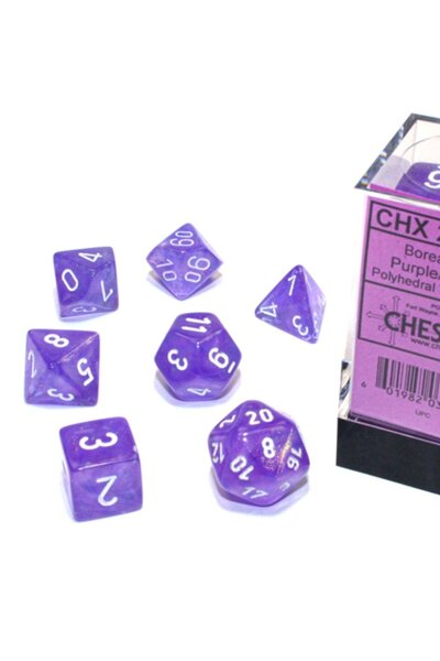 Polyhedral 7 dice set, Borealis, purple / white, Luminary