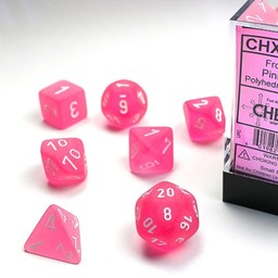Polyhedral 7 dice set, Frosted, Polyheral Pink /white
