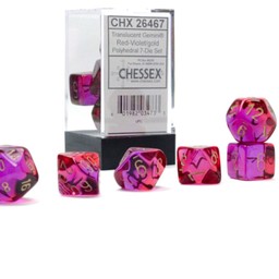 Polyhedral 7 dice set, Gemini, Translucent Red-Violet/gold