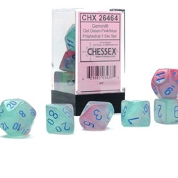 Polyhedral 7 dice set, Gemini, Gel Green-Pink/blue Luminary