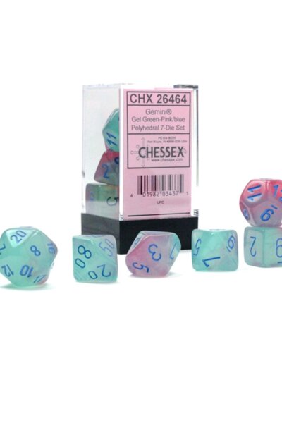 Polyhedral 7 dice set, Gemini, Gel Green-Pink/blue Luminary