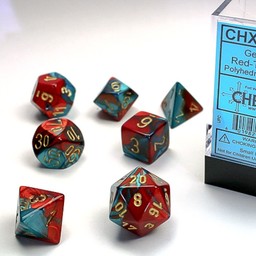 Polyhedral 7 dice set, Gemini, red-teal / gold