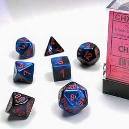 Polyhedral 7 dice set, Gemini, black-starlight / red