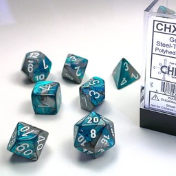 Polyhedral 7 dice set, Gemini, steel-teal / white
