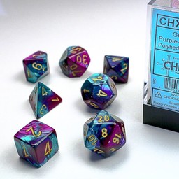 Polyhedral 7 dice set, Gemini, purple-teal / gold