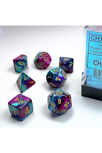 Polyhedral 7 dice set, Gemini, purple-teal / gold