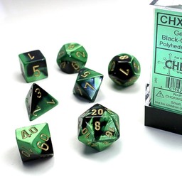 Polyhedral 7 dice set, Gemini, black-green / gold