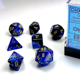 Polyhedral 7 dice set, Gemini, black-blue / gold