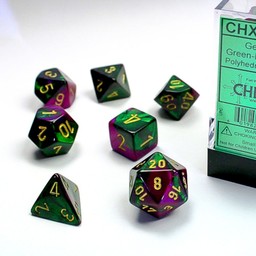 Polyhedral 7 dice set, Gemini, green-purple / gold