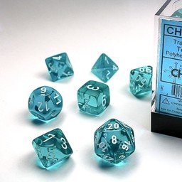 Translucent Polyhedral 7 dice set, Teal/white