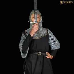 Galvanized chainmail coif, brass edge, butted round rings