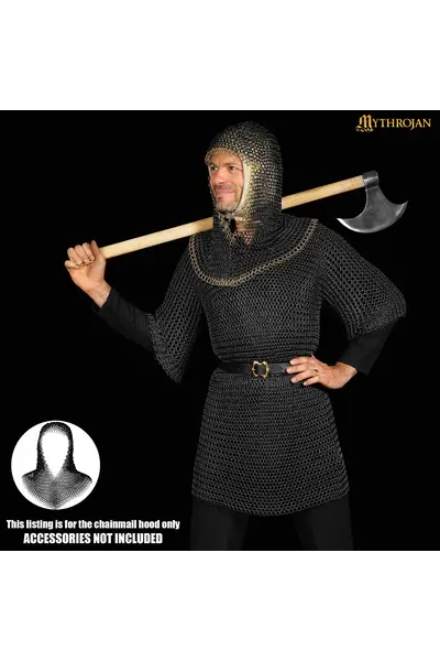 Black chainmail coif, brass edge, butted round rings