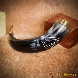 Drinking horn with valknut and brass fittings