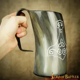 Viking horn mug with Thor's hammer