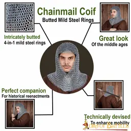 Chain mail coif, black, unriveted round rings