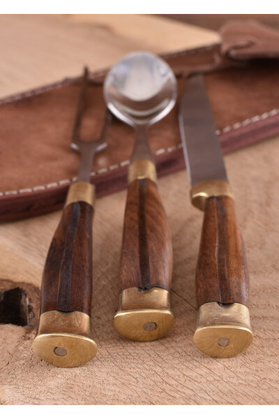 Wooden cutlery set with pouch, stainless steel