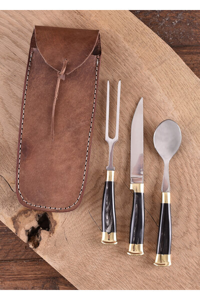 Horn cutlery set with pouch, stainless steel
