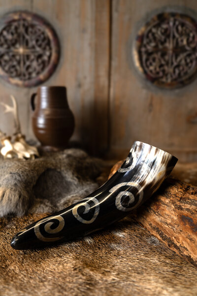 Prehistoric drinking horn with spiral motifs