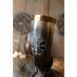 Drinking horn with vegvisir and brass fittings