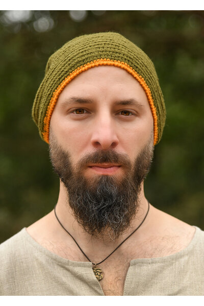 Crocheted cap, 100% wool, green - yellow