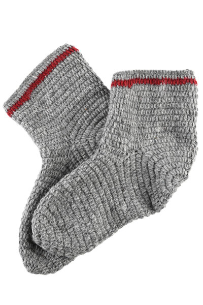 Crocheted socks, 100% wool, grey - wine red