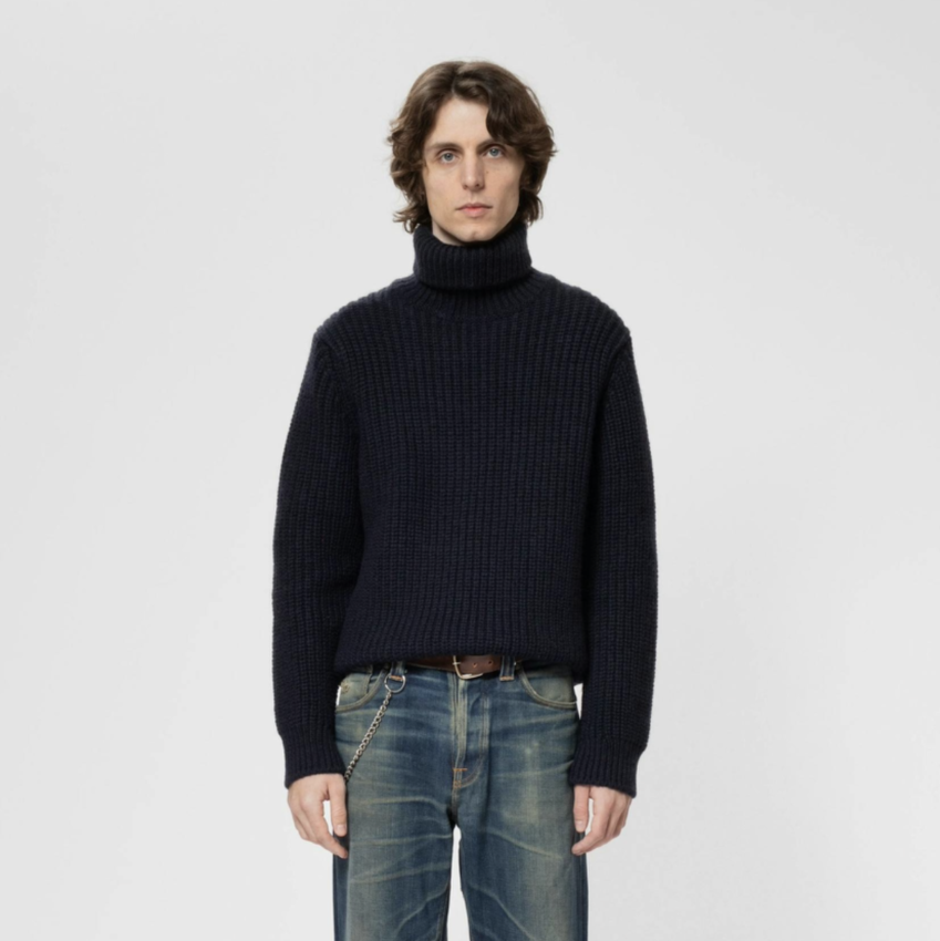 Nudie Jeans August Chunky Rollneck Knit Navy