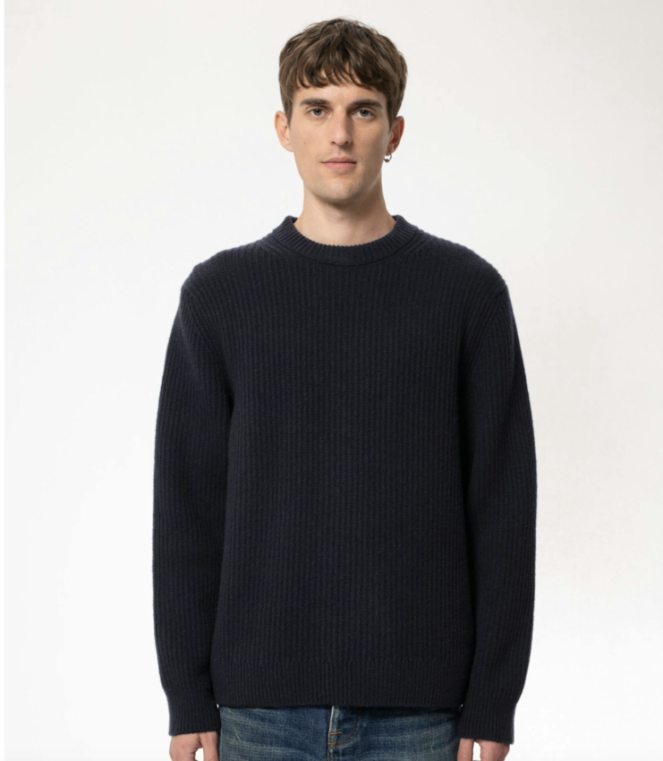 Nudie Jeans August Rib Wool Sweater Navy