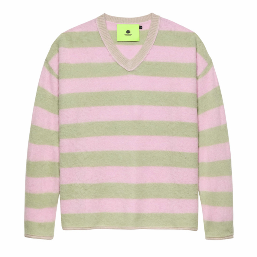 New Amsterdam Surf Association  Straight Fit V-Neck Light Green Cradle Pink Stripes