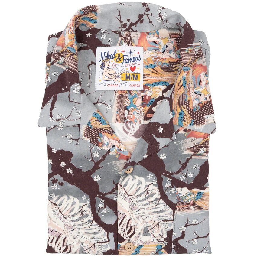 Naked & Famous Denim Aloha Shirt Skeletons Pale Blue