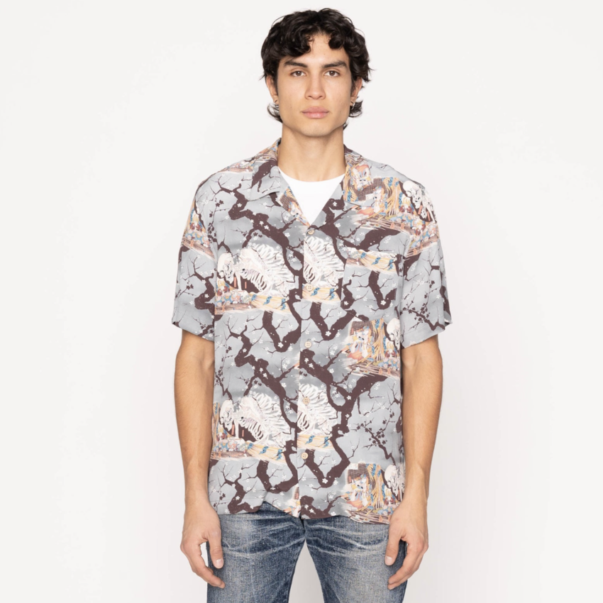 Naked & Famous Denim Aloha Shirt Skeletons Pale Blue