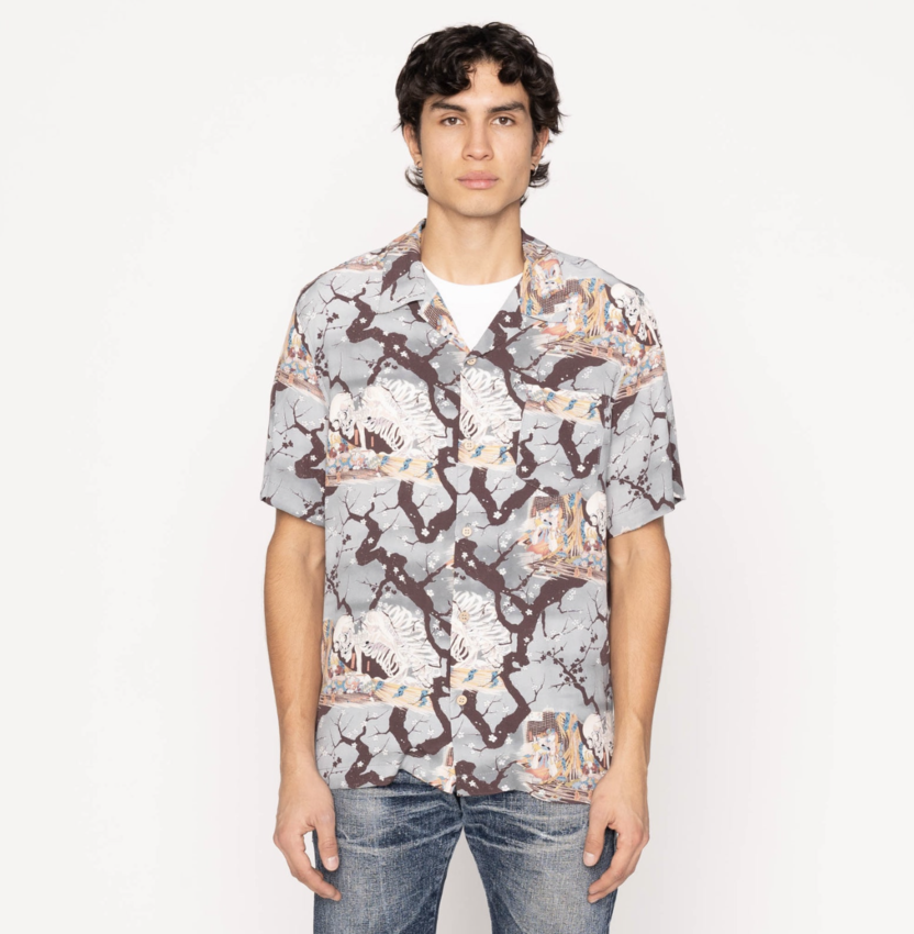 Naked & Famous Denim Aloha Shirt Skeletons Pale Blue