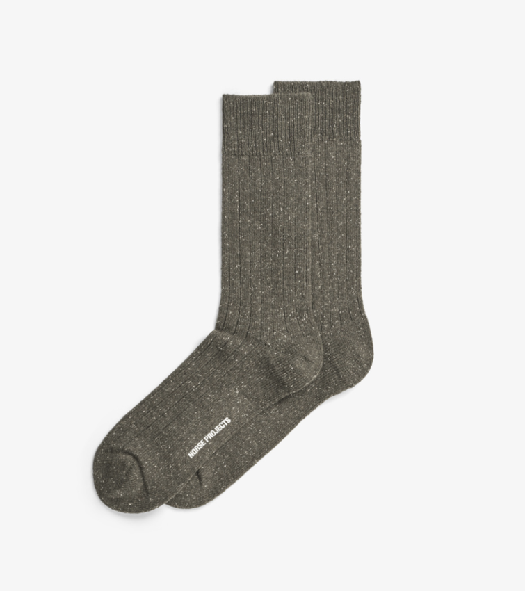 Norse Projects  Bjarki Neps Wool Rib Sock Olive Night