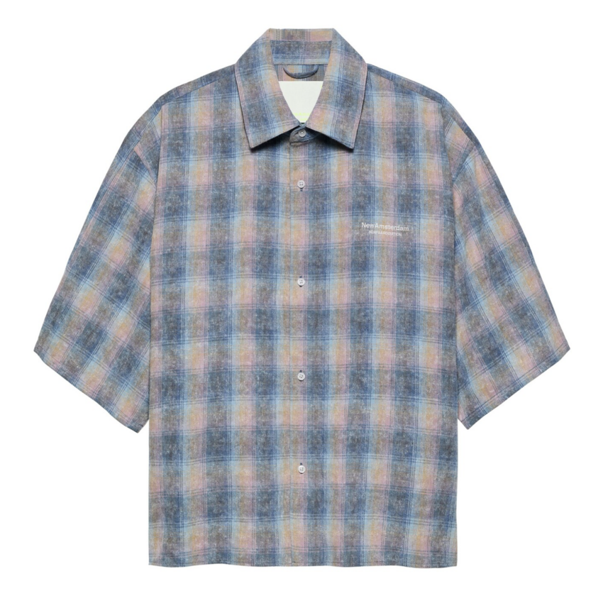 New Amsterdam Surf Association  Flanel Short Sleeve Button-Up Rainbow Check