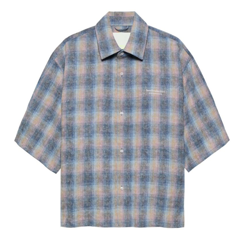 New Amsterdam Surf Association  Flanel Short Sleeve Button-Up Rainbow Check