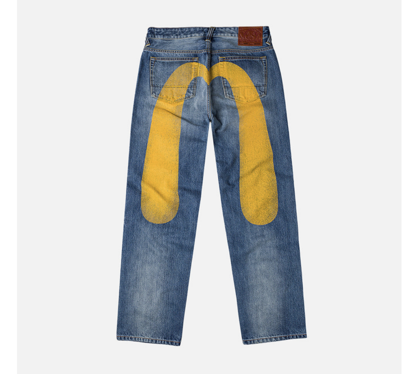 EVISU Yellow Daicock Printed Jeans Mid Tone Indigo