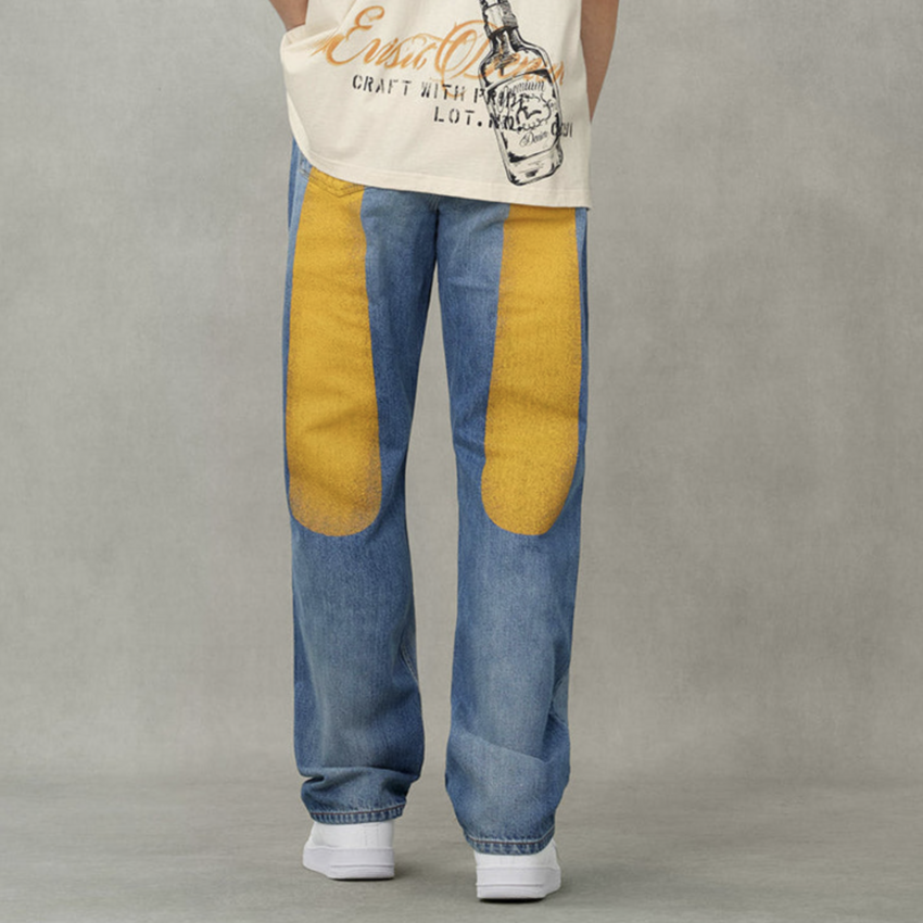 EVISU Yellow Daicock Printed Jeans Mid Tone Indigo