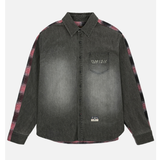 EVISU Fabric Blocking LS Denim Shirt Dark Tone Black Denim
