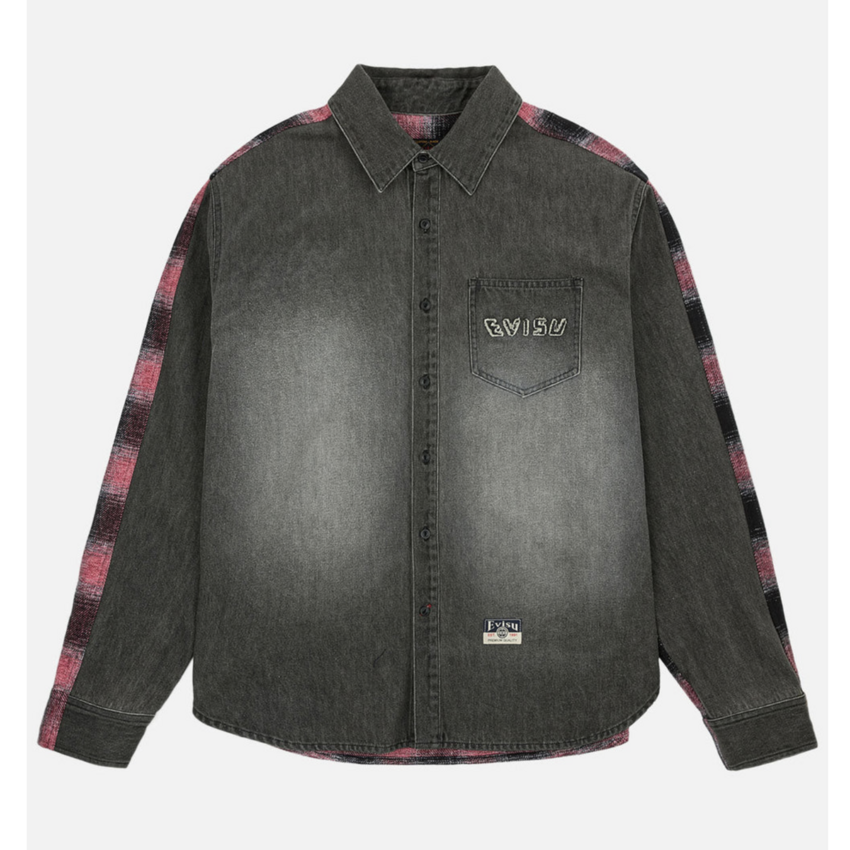 EVISU Fabric Blocking LS Denim Shirt Dark Tone Black Denim